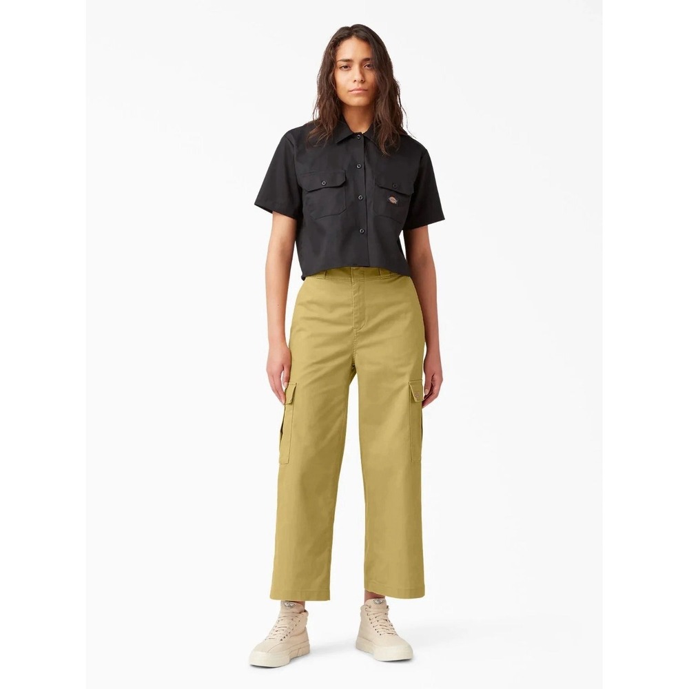 Dickies Twill Cropped Cargo Pants Womens 8 Reg 29x26 Wide Leg Beige High Rise